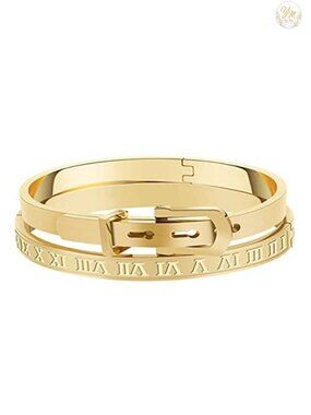 Stainless Steel Roman Numeral Bangle Bracelet, Engravable Cuff, Gold Plated